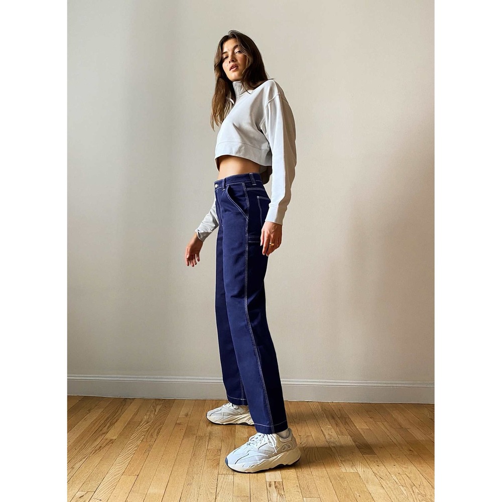 Aritzia TNA Greenwich Carpenter Jeans Navy Blue Contrast Stitch Straight Leg 00